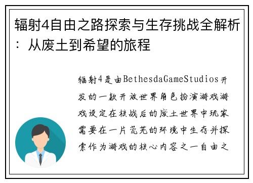 辐射4自由之路探索与生存挑战全解析：从废土到希望的旅程